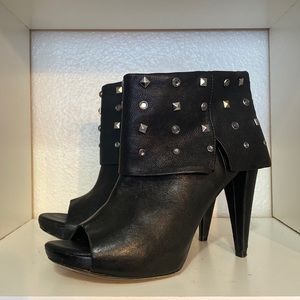Vince Camuto Black Leather Studded Peep Toe Heeled Ankle Bootie